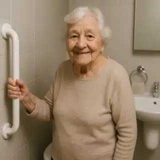 Home safety for the elderly. Elderly woman in adapted bathroom