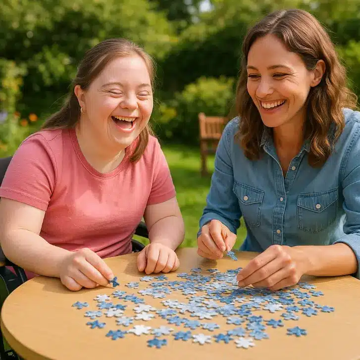 home care is not only for the elderly. A girl with downs syndrome and carer